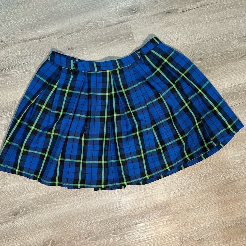 Grungy Hot Topic Blue and Yellow Pleated Skater Mini Skirt size M